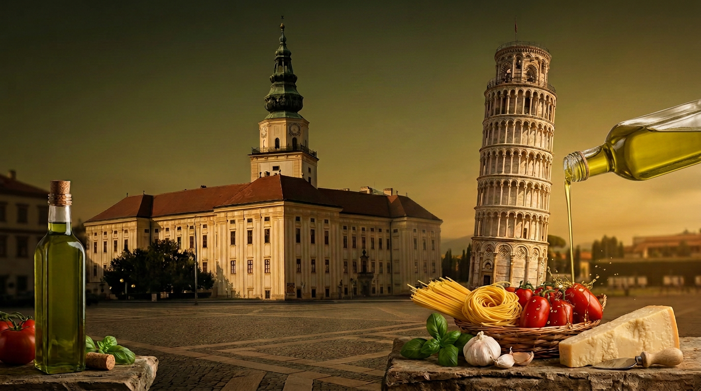 Kroměřížský zámek s olivovým olejem, špagetami a bazalkou